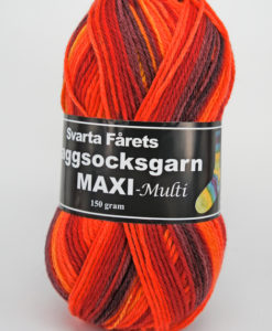 Maxi Multi Orangemulti - 02 Svarta Fåret SVF Raggsock. Raggsocksgarn är ett härligt raggsocksgarn från Svarta Fåret. Garnet är mjukt och snabbstickat och består av 70% ull och 30% Polyamid. Perfekt till Babyfilt ,Pippitröja, RaggSockar, Mössa, Vantar. Sockor Tröjor Benvärmare m.m. Ett nystan 150 gr. Även ett mönster finns bakom banderollen.