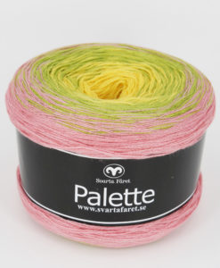 Palette Gul/Grön/rosa 10 Garntorget Garntorget Nyhet  Palette är i sk muffins och finns hemma i sex fina färger, 06 mörk regnbåge, 07 blåmelerad, 08 turkosmelerad,10 gul/grön/rosa, 11 rosa/aprikos. Fint till sjalar, ponchos och filtar. 50% bomull 50% akryl. 150 g=600 m. Ett nytt läckert "kakgarn" passar perfekt till våren och sommarens arbeten såsom sjalar filtar med mera. Du får mycket garn för pengarna, 600 meter per nystan.